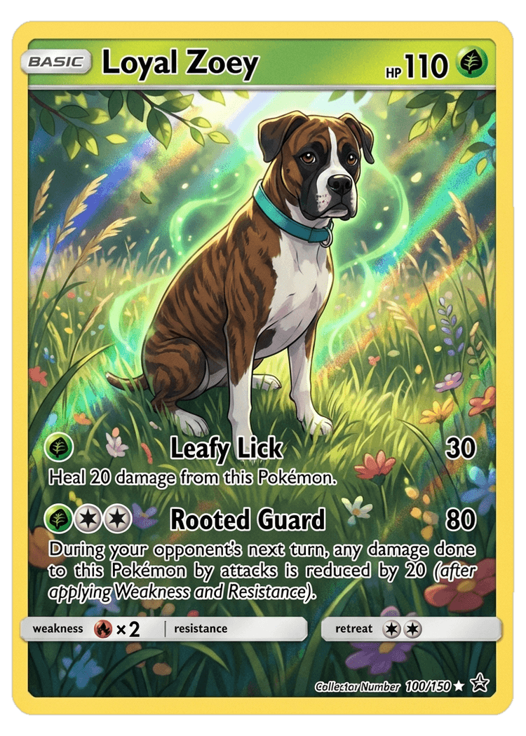 Loyal Zoey - Uncommon AI-generated trading card, Grass type with boxer dog