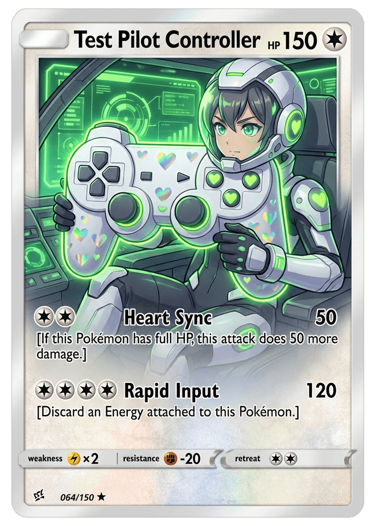 Test Pilot Controller - Rare AI-generated trading card, Colorless type with game controller character