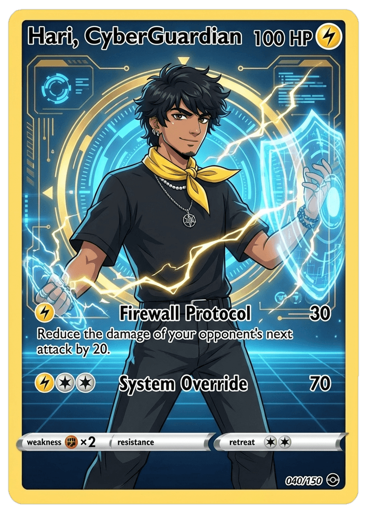Hari, CyberGuardian - Secret Rare AI-generated trading card, Lightning type with gold border