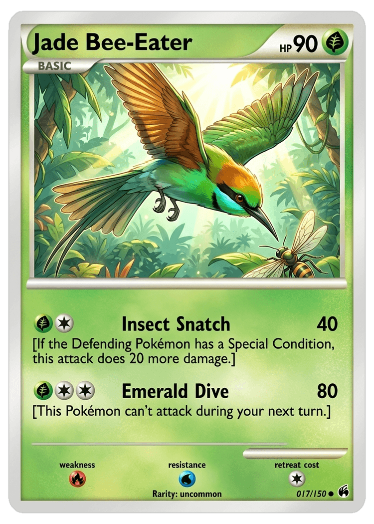 Jade Bee-Eater - Uncommon rarity AI-generated trading card, Grass type